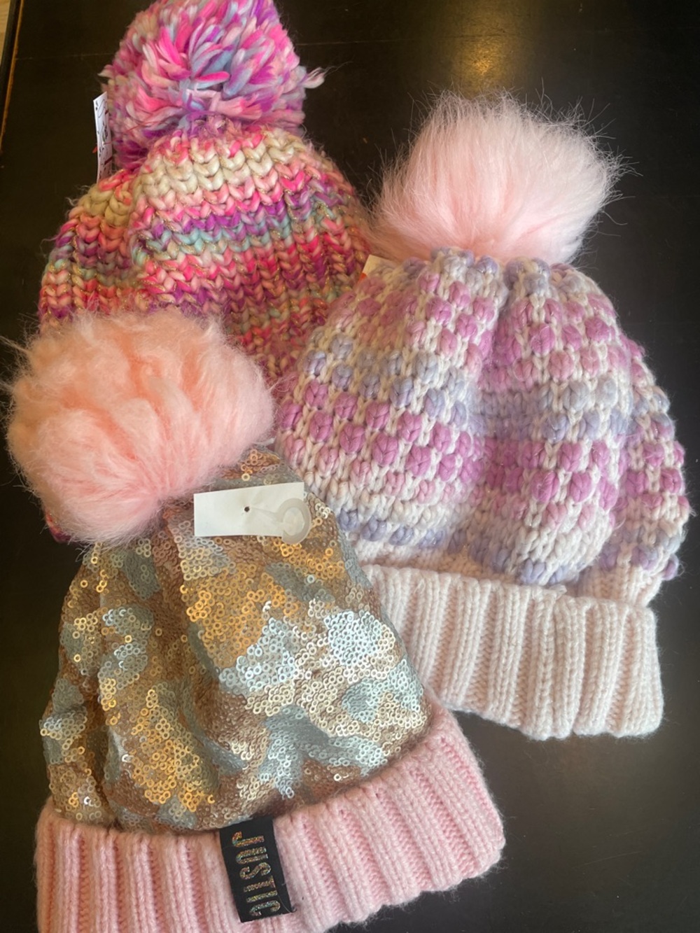 Girls Pom beanies set of 3 new pink